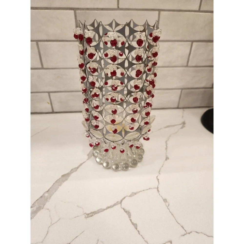MCM Style 70s Or 80s Candle Holder Glass Base‎ With Beaded And Metal Tin Shade